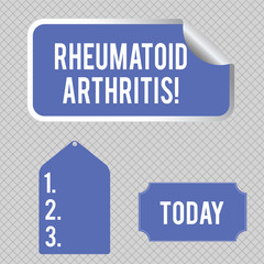 Conceptual hand writing showing Rheumatoid Arthritis. Concept meaning chronic progressive disease causing joints inflammation Color Label Self Adhesive Sticker with Border Corner and Tag