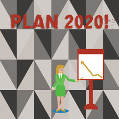 Conceptual hand writing showing Plan 2020. Concept meaning detailed proposal for doing or achieving something next year Woman Holding Stick Pointing to Chart of Arrow on Whiteboard