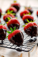 Strawberry dessert, Dark chocolate covered strawberries, fresh strawberries dipped in melted dark...