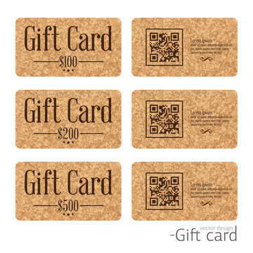 Set Of Stylish Gift Card Templates On Cork Texture Background. Vector Design Of Plastic Cards With QR Code