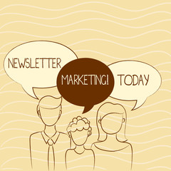 Writing note showing Newsletter Marketing. Business concept for act of sending a commercial messages to customer Family of One Child Between Father and Mother Speech Bubble