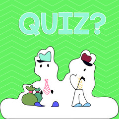 Writing note showing Quiz Question. Business concept for test of knowledge as competition between individuals or teams Figure of Two Men Standing with Pouch Bag White Snow Effect