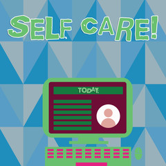Obraz premium Word writing text Self Care. Business photo showcasing practice of taking action to preserve or improve ones own health Desktop Computer Mounted on Stand with Online Profile Data on Monitor Screen