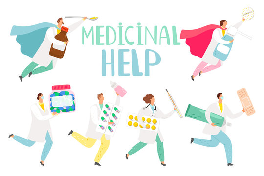 Doctors rescue. Medical workers superheroes with medications and pills help with colds and headaches, clinical care hospital team for health, vector illustration
