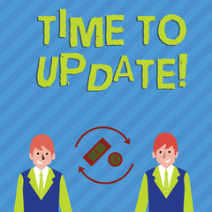 Writing note showing Time To Update. Business concept for act updating something someone or updated version program Money in Dollar Sign in Rotating Arrows Between Businessmen