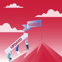 Obraz premium Text sign showing UPDATE. Business photo text make something more modern or up to date like software program People Holding Arrow Going Up the Mountain. Blank Banner on Pole at the Peak