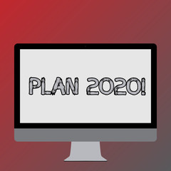 Text sign showing Plan 2020. Business photo text detailed proposal for doing or achieving something next year Blank White Computer Monitor WideScreen Mounted on a Stand for Technology