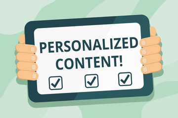 Handwriting text Personalized Content. Conceptual photo seeks to tailor a digital product to specific user Color Tablet Smartphone with Blank Screen Handheld from the Back of Gadget