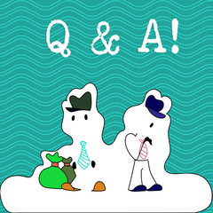 Word writing text Q And A. Business photo showcasing defined as questions being asked and answers Figure of Two Men Standing with Pouch Bag on White Sticker Style Snow Effect