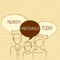 Writing note showing Property Maintenance. Business concept for refers to overall upkeep of real property or land Family of One Child Between Father and Mother Speech Bubble