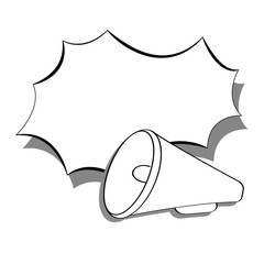 Monochrome flat loudspeaker, bullhorn icon with speech bubble in pop art style.