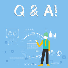 Handwriting text Q And A. Conceptual photo defined as questions being asked and answers Man Standing Holding Pen Pointing to Chart Diagram with SEO Process Icons