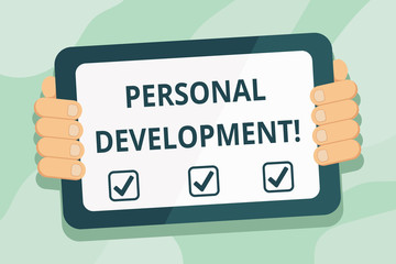 Handwriting text Personal Development. Conceptual photo process of improving oneself through activities Color Tablet Smartphone with Blank Screen Handheld from the Back of Gadget