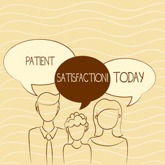 Writing note showing Patient Satisfaction. Business concept for measure of the extent to which a patient is content Family of One Child Between Father and Mother Speech Bubble