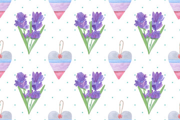 Hand drawn watercolor textile heart and lavender flowers on the white with blue polka dots background, repeat pattern