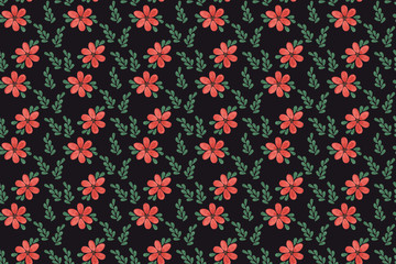 Simple fantasy red flowers and leaves, abstract floral design on the black background