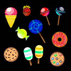 Set of isolated flat style candies, ice cream, choco strawberry, cookies, donat