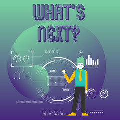 Writing note showing What S Next Question. Business concept for asking demonstrating about his coming actions or behaviors Man Holding Pen Pointing to Chart Diagram SEO Process Icons