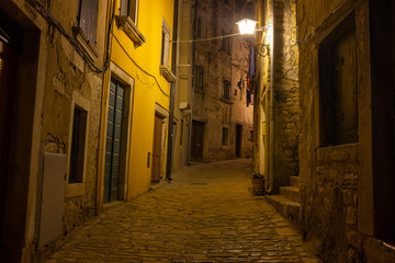 Night street in Rovinj old town in Istria, Croatia