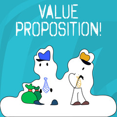 Word writing text Value Proposition. Business photo showcasing innovation service intended make product attractive Figure of Two Men Standing with Pouch Bag on White Sticker Style Snow Effect
