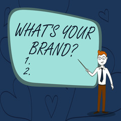 Naklejka premium Text sign showing What S Your Brand Question. Business photo text asking about product logo does or what you communicate Confident Man in Tie, Eyeglasses and Stick Pointing to Blank Colorful Board