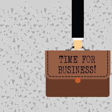Word writing text Time For Business. Business photo showcasing fulfil transactions within period promised to client Businessman Hand Carrying Colorful Briefcase Portfolio with Stitch Applique