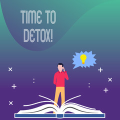 Writing note showing Time To Detox. Business concept for when you purify your body of toxins or stop consuming drug Man Standing Behind Open Book Jagged Speech Bubble with Bulb
