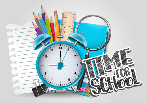 Time for school background with education supplies, alarm clock, and a piece of torn paper. Vector illustration.