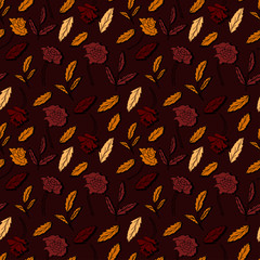 dark red flowers with leaves drawn on a dark brown background