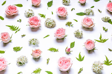 Flower pattern: rosebuds, hawthorn flowers, rowan leaves on a white background. Top view