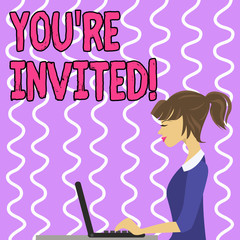 Conceptual hand writing showing You Re Invited. Concept meaning make a polite friendly request to someone go somewhere Strip Size Lined Paper Sheet Hanging Using Blue Clothespin