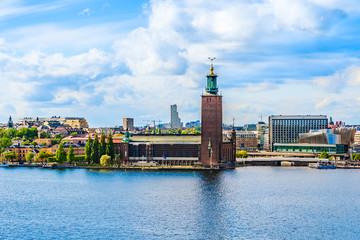 Fototapeta premium City hall on the waterfront of Lake Malaren as seen from Monteliusvagen hill in Stockholm, Sweden