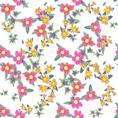 Different fantasy flowers are the seamless pattern in abstract style on a colorful background. Vector floral background. Summer background. Design illustration vector. Vector spring template.