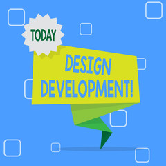 Handwriting text Design Development. Conceptual photo technical aspects of materials and building systems Blank Space Green Two Tone Folded Back Banner Strip with Seal Stamp Sticker