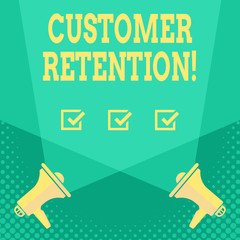 Handwriting text Customer Retention. Conceptual photo Actions or activities companies take to retain customers Blank Double Spotlight Crisscrossing Upward from Two Megaphones on the Floor