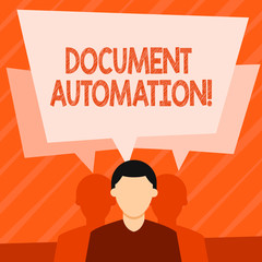 Word writing text Document Automation. Business photo showcasing workflows that assist in creation of electronic document Faceless Man has Two Shadows Each has Their Own Speech Bubble Overlapping