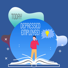 Conceptual hand writing showing Depressed Employee. Concept meaning worker in a state of general unhappiness or despondency Man Standing Behind Open Book Jagged Speech Bubble with Bulb