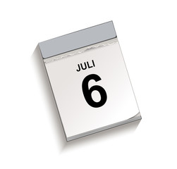 Kalender Juli 6, Abreißkalender mit Datum, Vektor Illustration isoliert auf weißem Hintergrund