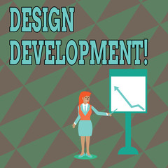 Text sign showing Design Development. Business photo text technical aspects of materials and building systems Businesswoman Holding Stick Pointing to Chart of Arrow Upward on Whiteboard