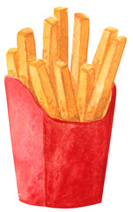 Fastfood, french fries in red box, hand drawn watercolor illustration isolated on white