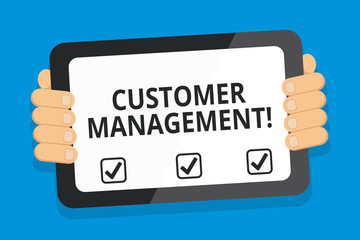 Word writing text Customer Management. Business photo showcasing customer retention and ultimately driving sales growth Color Tablet Smartphone with Blank Screen Handheld from the Back of Gadget