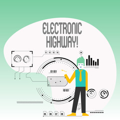 Text sign showing Electronic Highway. Business photo text Digital communication system used in the road or highway Man Standing Holding Pen Pointing to Chart Diagram with SEO Process Icons