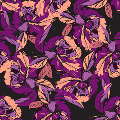 Different fantasy flowers are the seamless pattern in abstract style on a colorful background. Vector floral background. Summer background. Design illustration vector. Vector spring template.