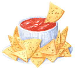Fastfood, nachos with tomato sause, hand drawn watercolor illustration isolated on white