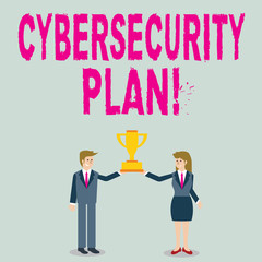 Word writing text Cybersecurity Plan. Business photo showcasing Techniques of protecting computer and system from attacks Man and Woman in Business Suit Holding Together the Championship Trophy Cup