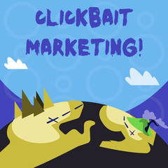 Conceptual hand writing showing Clickbait Marketing. Concept meaning Online content that aim to generate page views Mountain View with Hiking Trail and Trekking Tracks for Ads