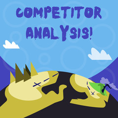 Conceptual hand writing showing Competitor Analysis. Concept meaning assessment of the strengths and weaknesses of rival firm Mountain View with Hiking Trail and Trekking Tracks for Ads