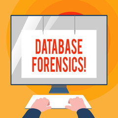 Naklejka premium Word writing text Database Forensics. Business photo showcasing identifying transactions within a database system Hands on Mockup Keyboard Front of Blank White Monitor with Screen Protector