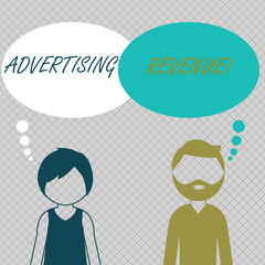 Conceptual hand writing showing Advertising Revenue. Concept meaning money media earn from selling advertising space or time Bearded Man and Woman with the Blank Colorful Thought Bubble