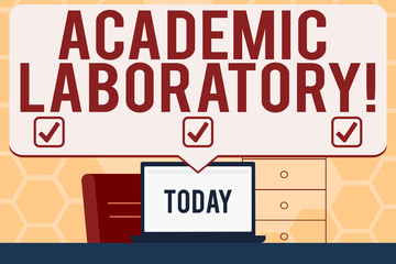 Fototapeta premium Text sign showing Academic Laboratory. Business photo text where students can go to receive academic support Blank Huge Speech Bubble Pointing to White Laptop Screen in Workspace Idea
